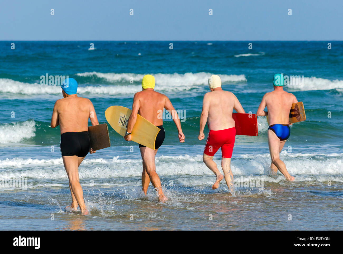 Competitors in the annual Belly Board championships at Chapel Porth, St.Agnes, Cornwall, England, UK Stock Photo