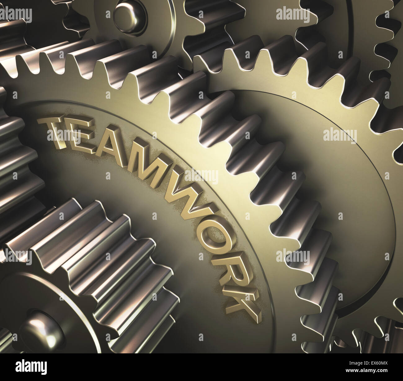 Set of gears with the word teamwork printed on the side. Stock Photo