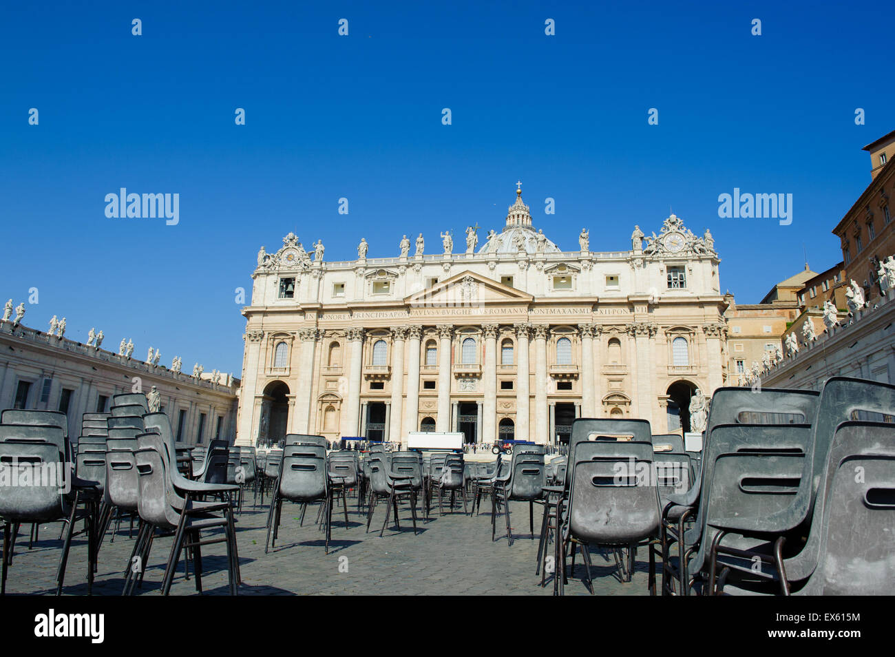 View of St Peter cathedral with empty chairs on the place in sunny day blue sky Stock Photo