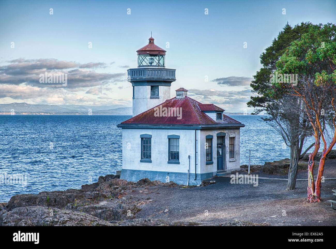 Lime Kiln Point Lighthouse At Dawn Stock Photo