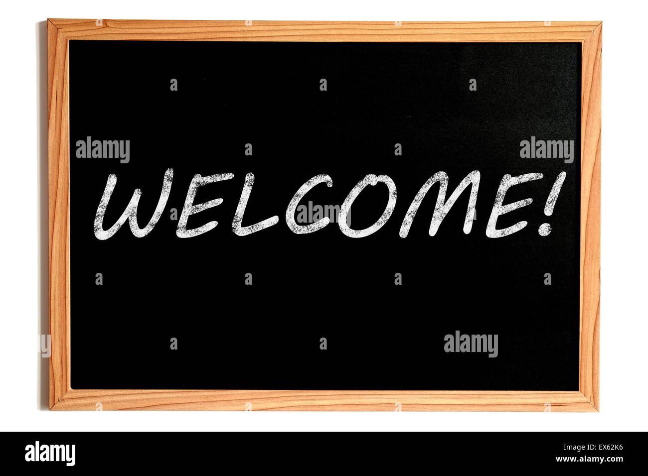 Welcome Chalk Text on Chalkboard with Wooden Frame on White Stock Photo