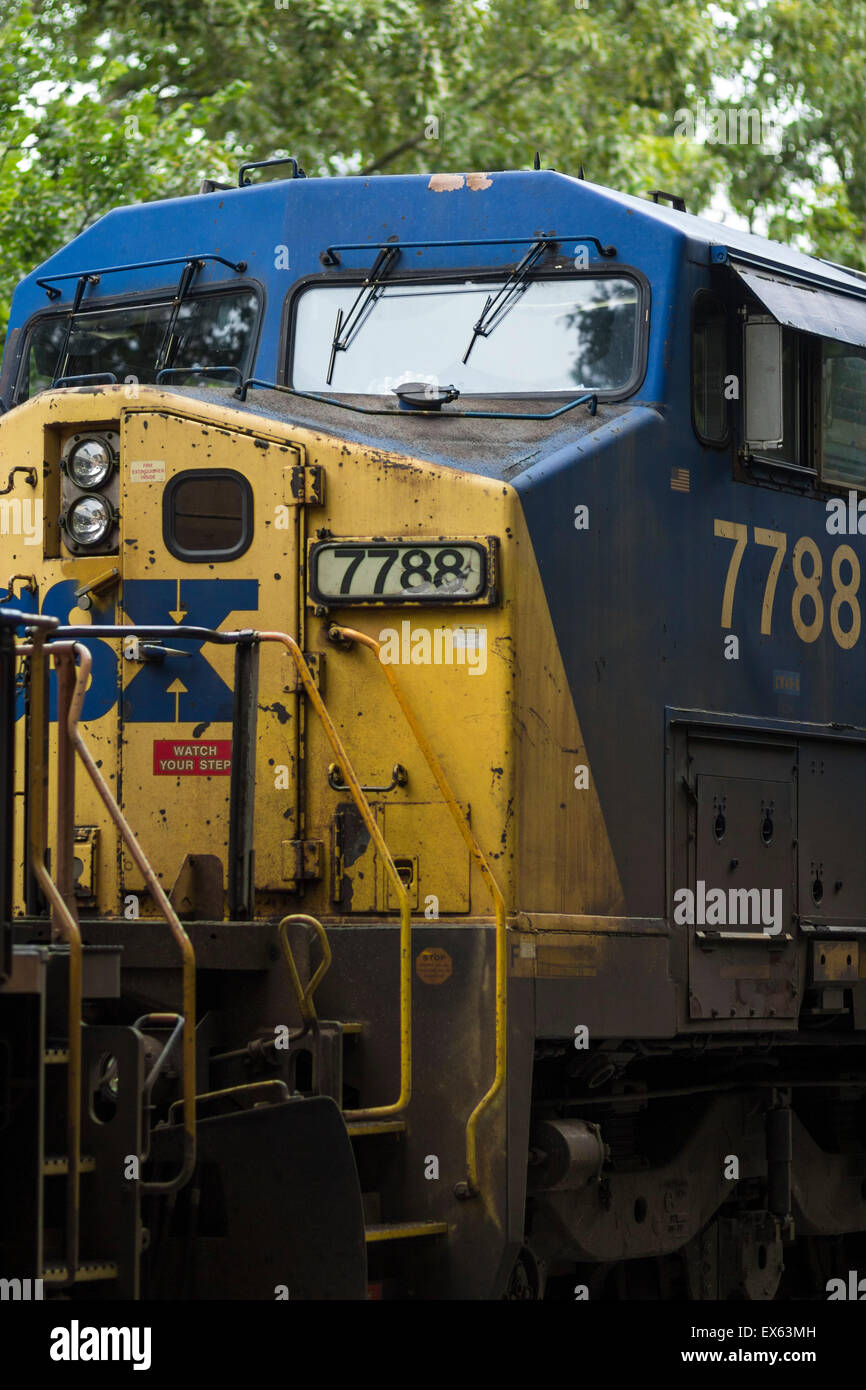The front of a CSX locomotive engine. Stock Photo