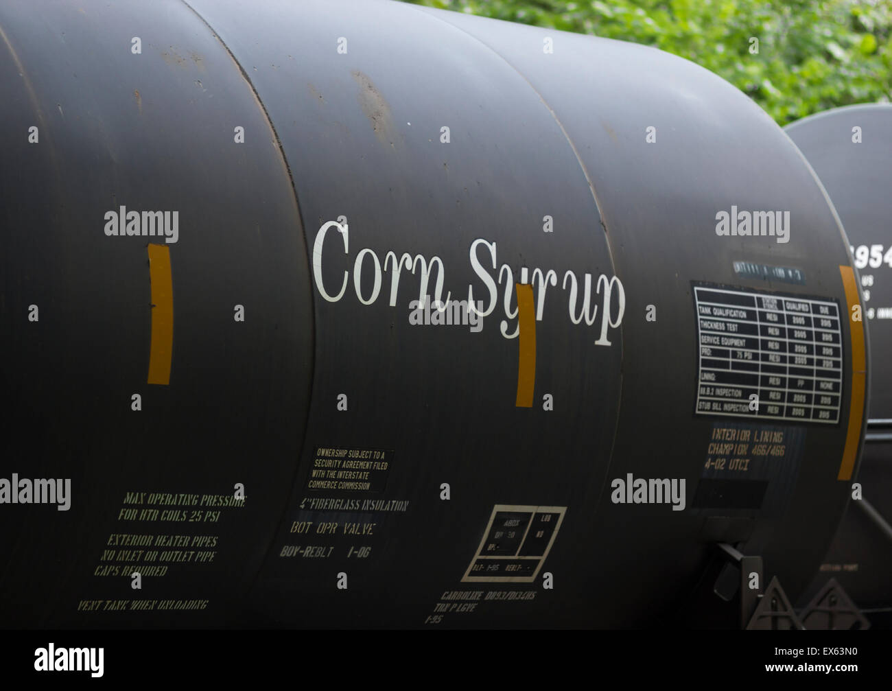 A railroad tanker car carrying corn syrup from Cargill Foods. Stock Photo