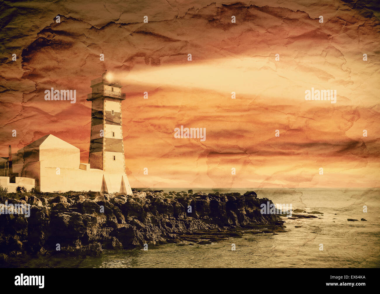 Vintage filtered picture of lighthouse, old paper postcard effect. Stock Photo