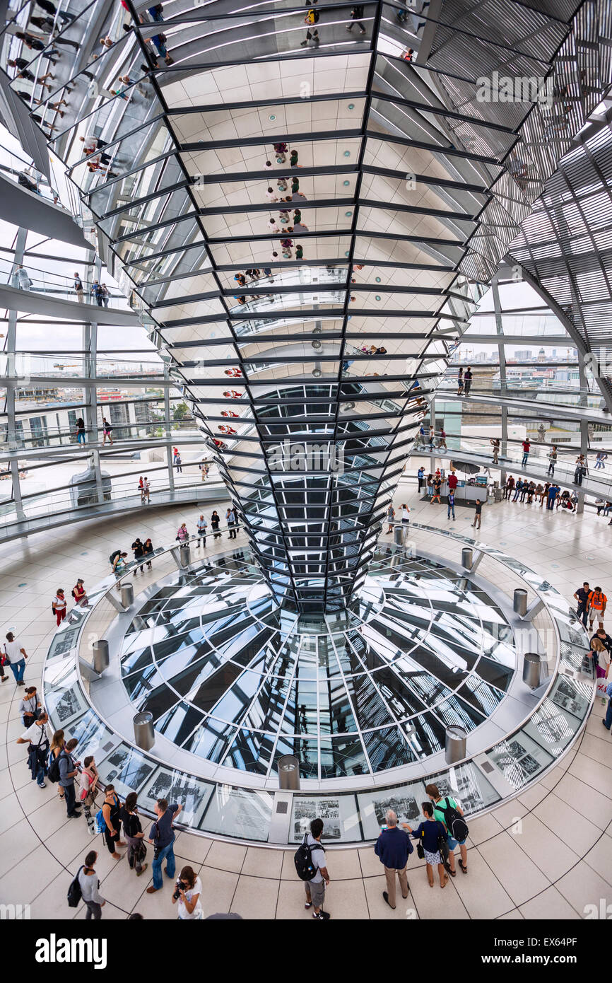 Germany, Berlin, Reichstag building, interior view of glas dome designed by Norman Foster with double-helix spiral ramps Stock Photo