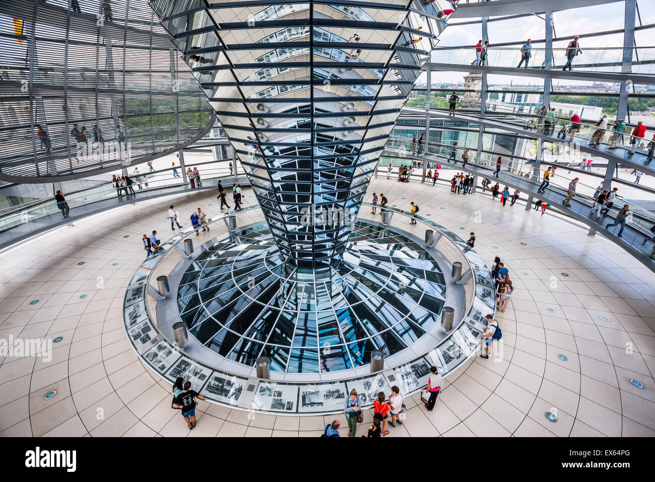 Germany, Berlin, Reichstag building, interior view of glas dome designed by Norman Foster with double-helix spiral ramps Stock Photo