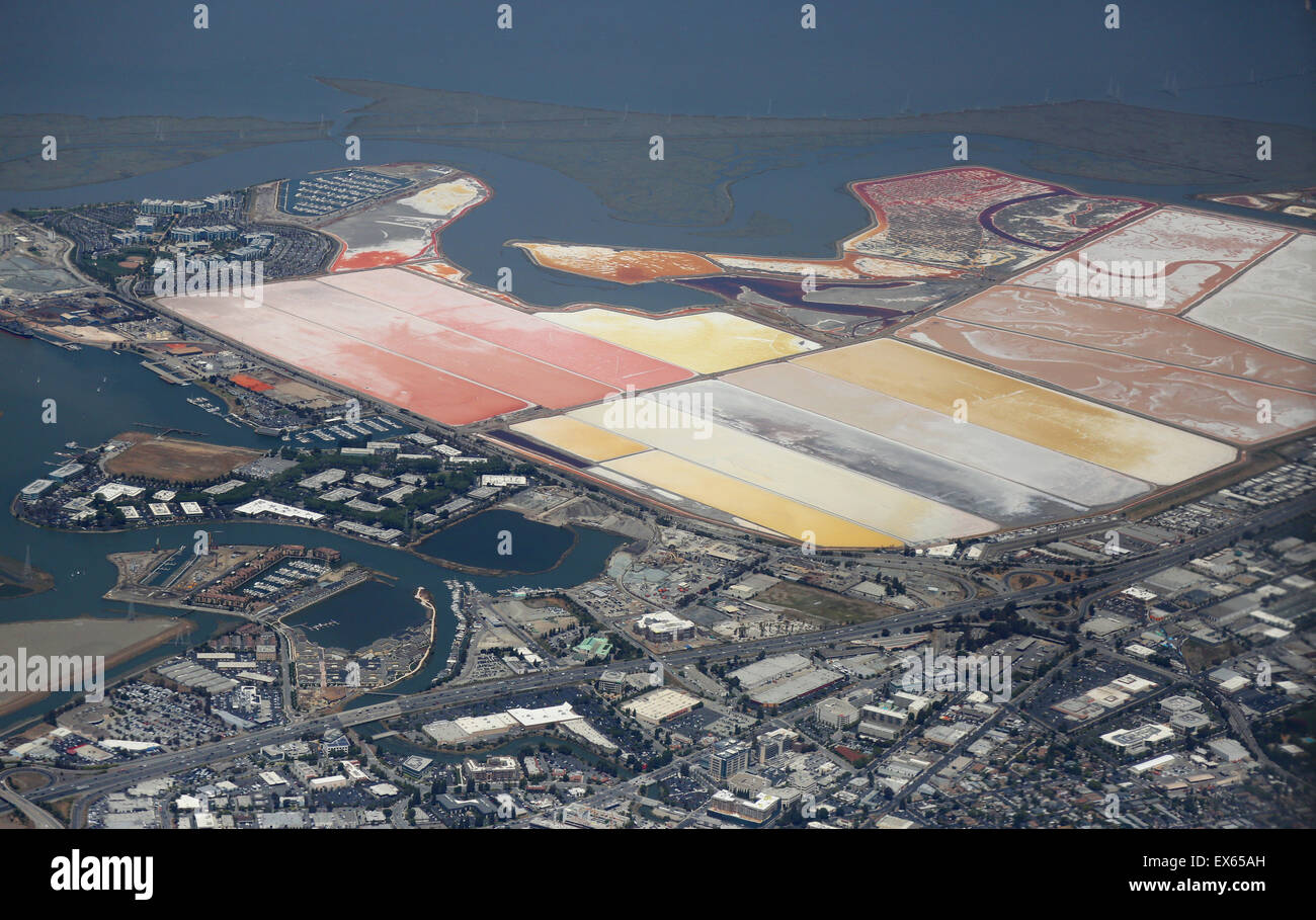 Aerial view over Redwood City harbor and Salt Ponds Stock Photo