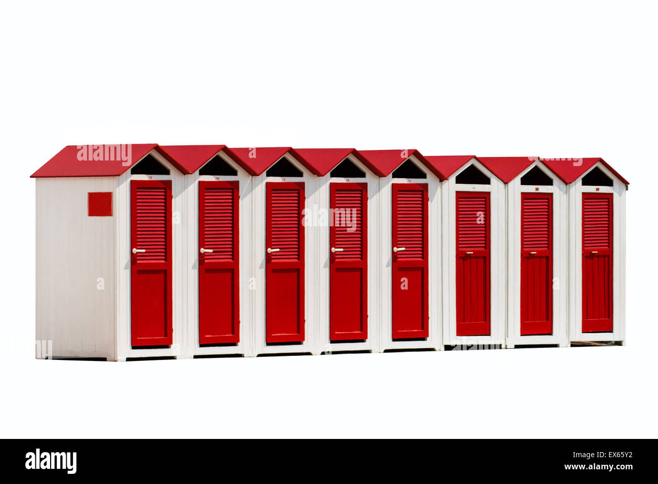 eight white beach cabins with red roofs  and doors isolated on white background Stock Photo