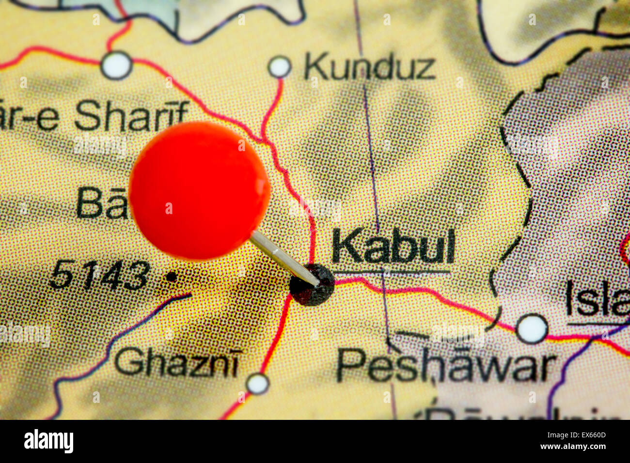 Close-up of a red pushpin on a map of Kabul, Afghanistan Stock Photo