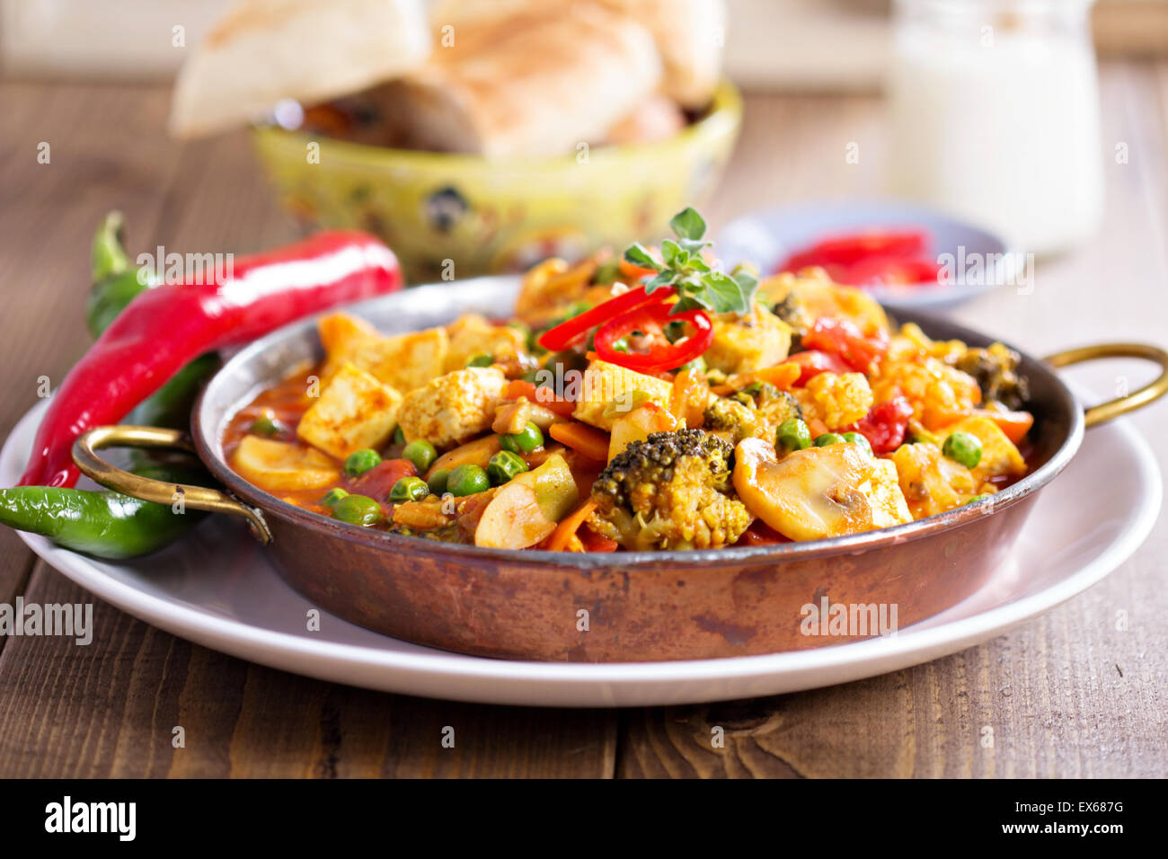 Vegan curry with tofu, mushrooms and vegetables Stock Photo