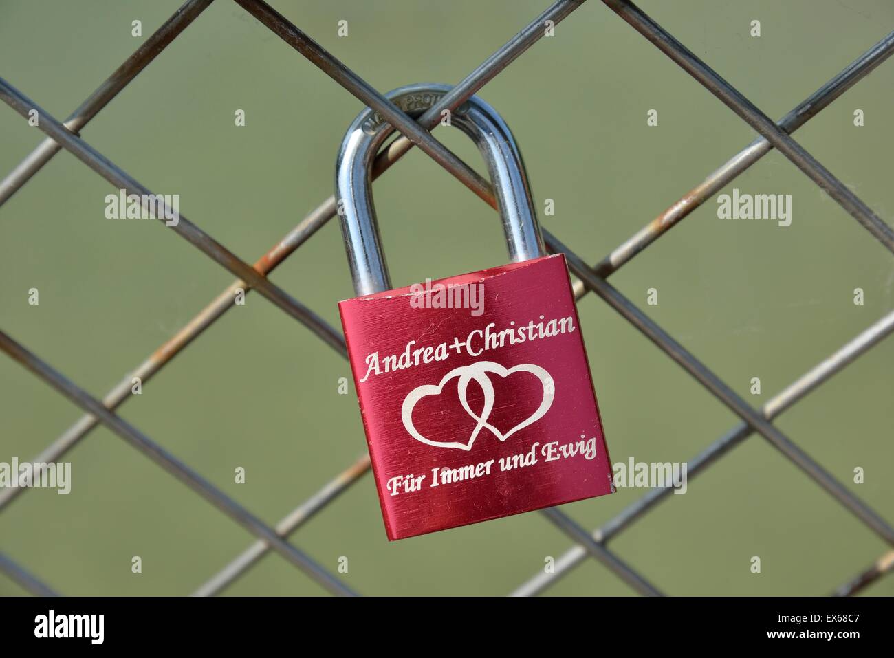 Love lock on Thalkirchen Bridge, Thalkirchen, Munich, Upper Bavaria, Bavaria, Germany Stock Photo