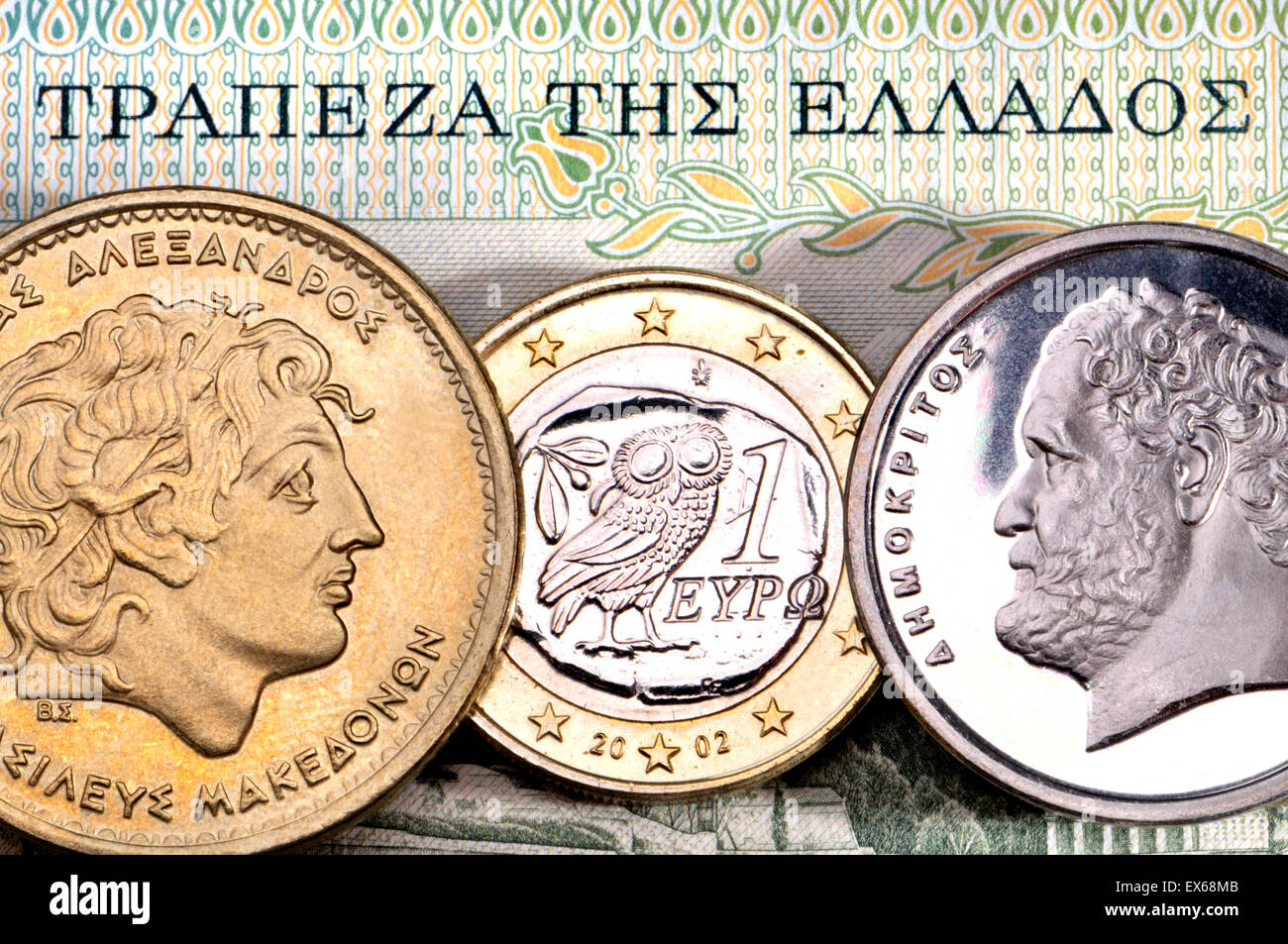 Greek currency drachmas and Euro. Alexander the Great (100 drachmas