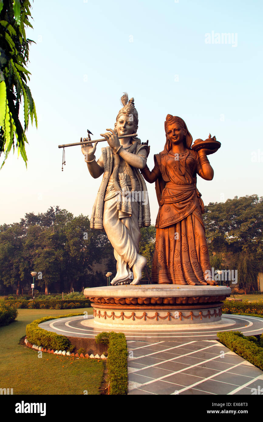 Lord Krishna and Radha statue, Shiv Murti Mandir Complex at Indira Gandhi International Airport, New Delhi, Delhi, India Stock Photo
