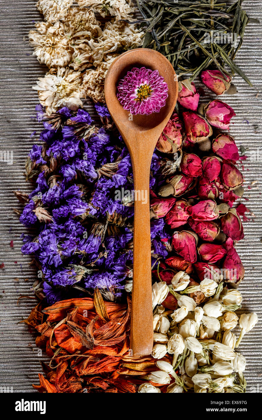 Dried flowers and tea leaves Stock Photo