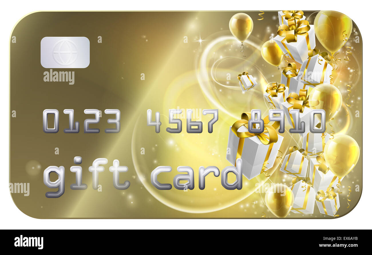 A gold credit card style gift card with gifts and balloons illustration Stock Photo