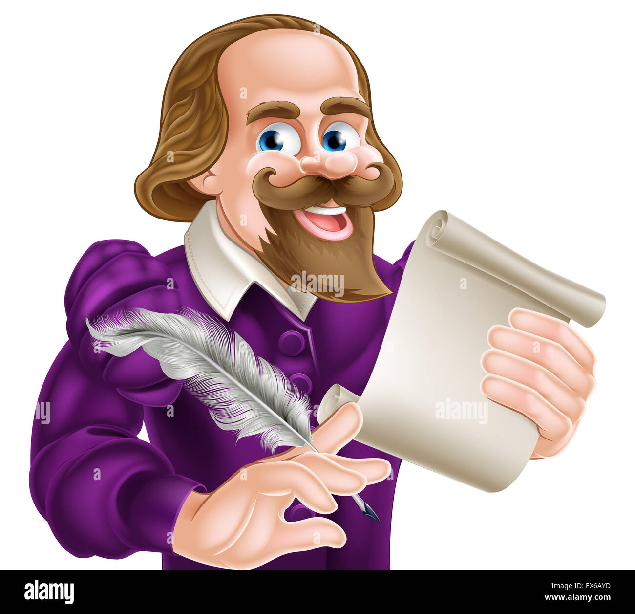 Cartoon of William Shakespeare holding a feather quill and paper scroll Stock Photo