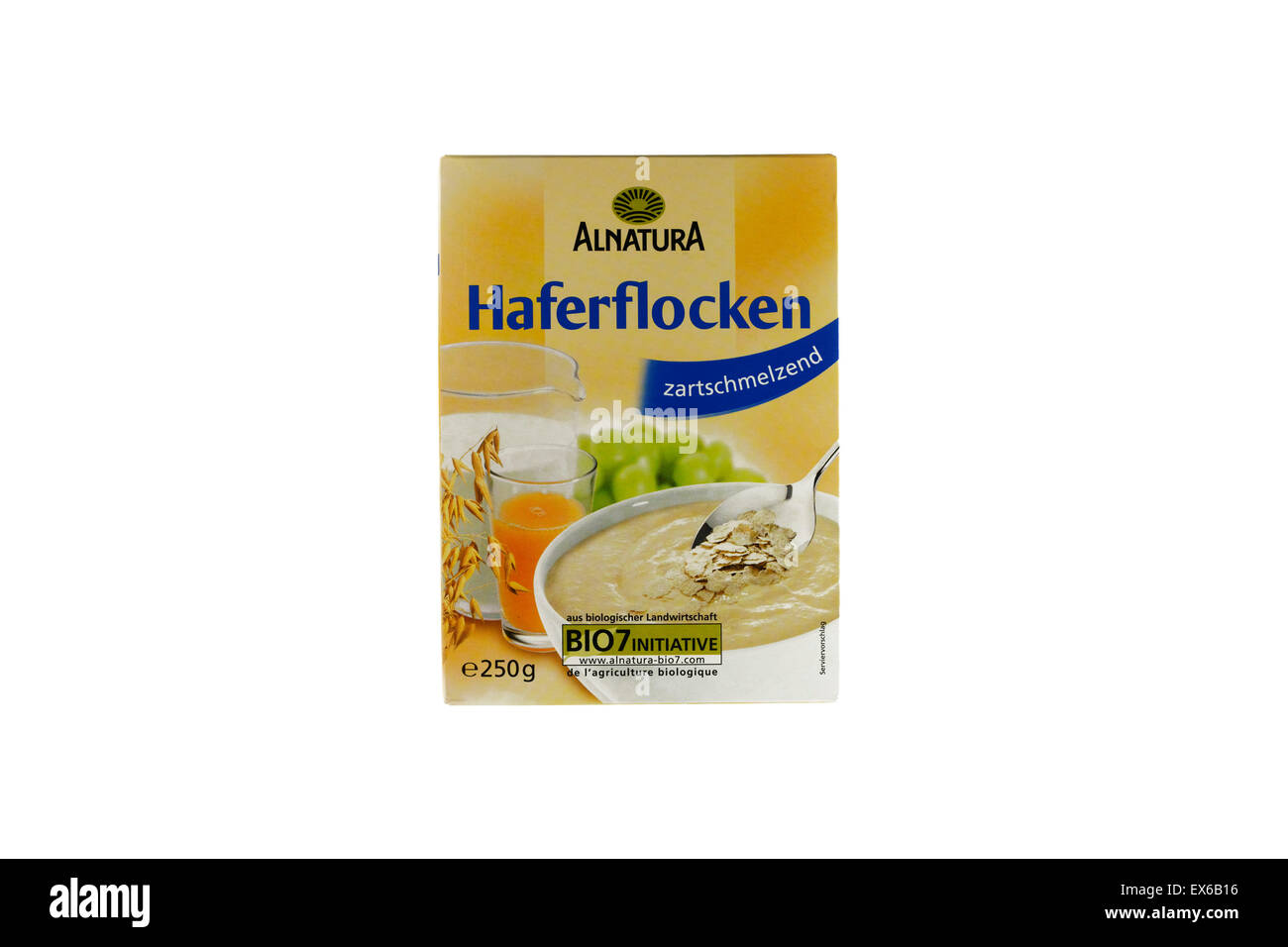 German breakfast cereal Haferflocken packet on white background Stock Photo