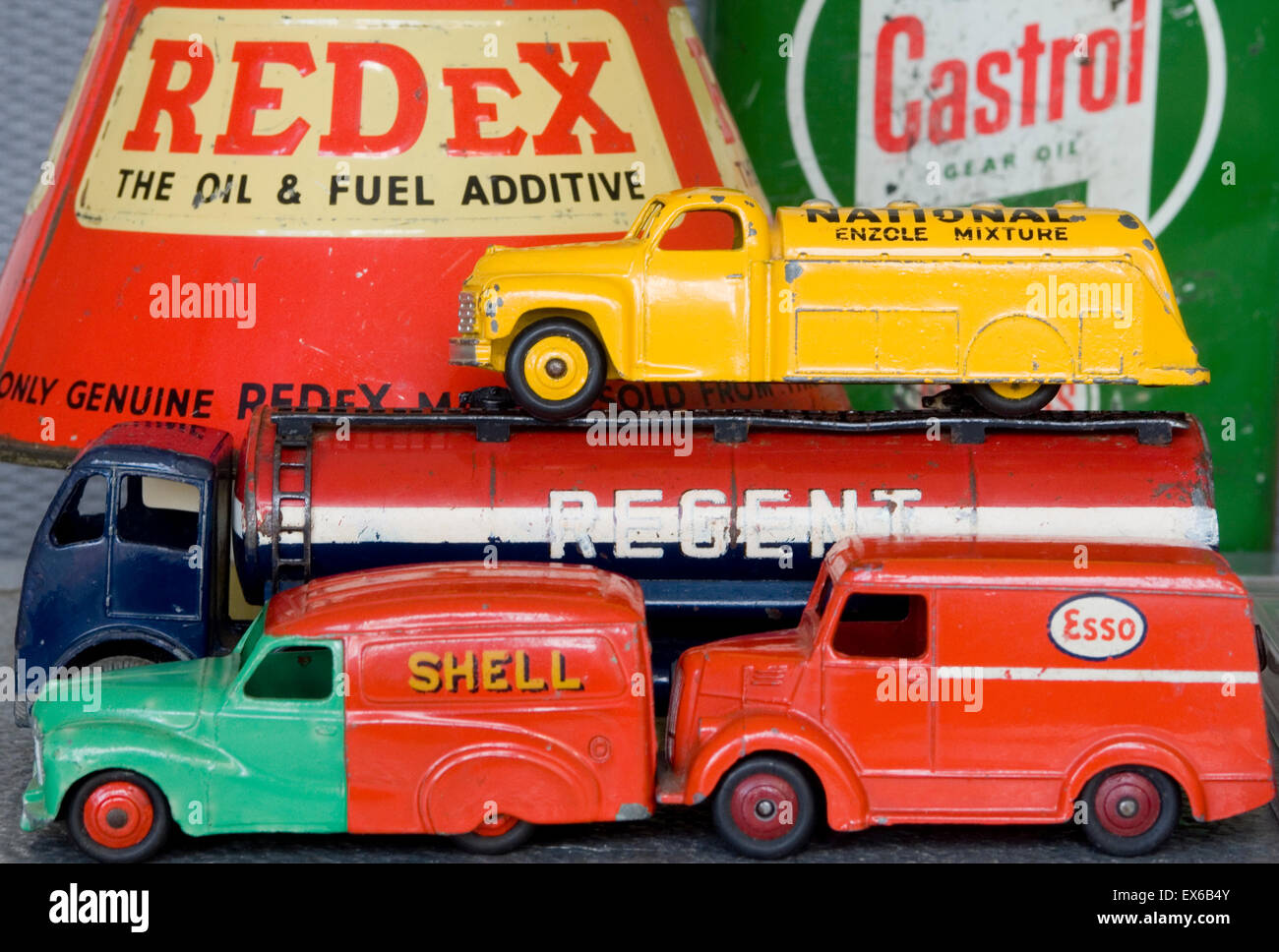 dinky toy lorries and vans with an array of motoring advertising. Stock Photo