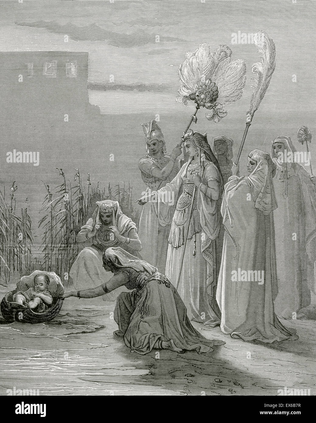 Moses rescued from the Nile by the daughter of Pharaoh of Egypt. Exodus. Engraving by Gustave Dore (1832-1883). Stock Photo
