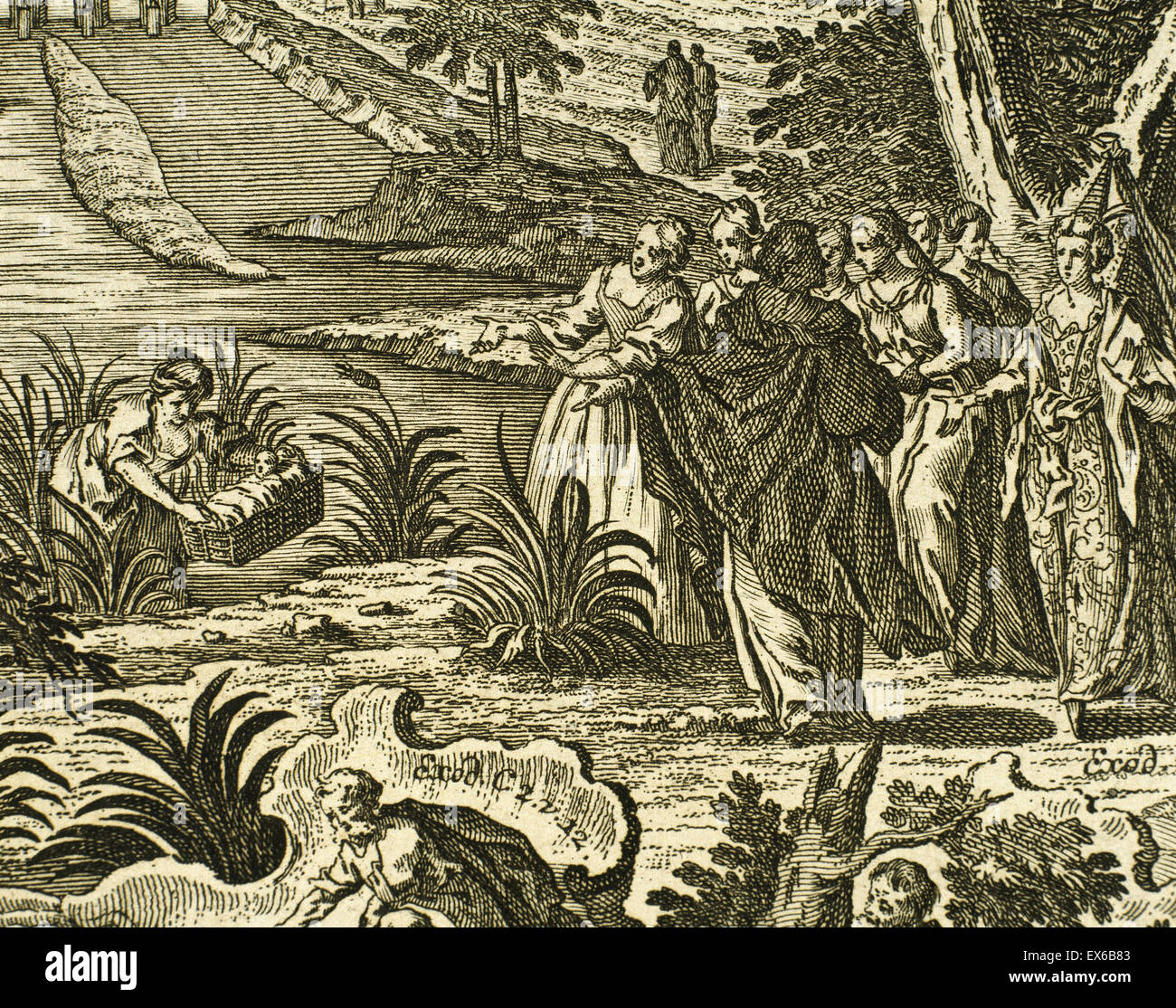 Moses rescued from the Nile by the daughter of Pharaoh of Egypt. Exodus. Chapter 2, Verse 5. Engraving. Stock Photo