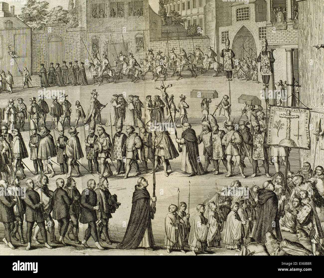 Spain. Way out of the captives condemned by the Inquisition to the auto-da-fe. Engraving, 1692 Stock Photo