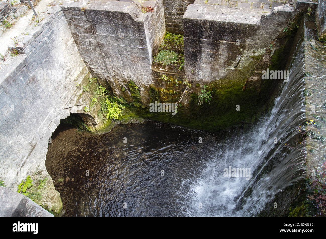 Water wheel pit at Cromford Mill, Cromford, Derbyshire, England Stock Photo