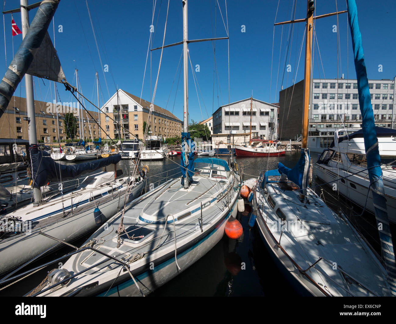 Modern apartments and boats at Christianshavn harbour area,Copenhagen,Denmark Stock Photo