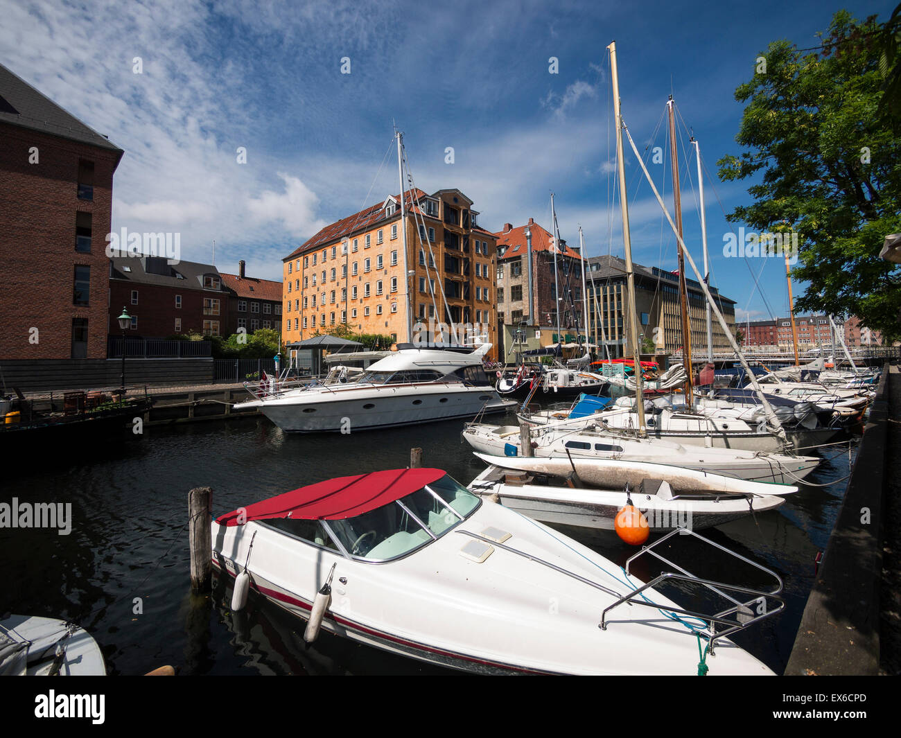 Modern apartments and boats at Christianshavn harbour area,Copenhagen,Denmark Stock Photo