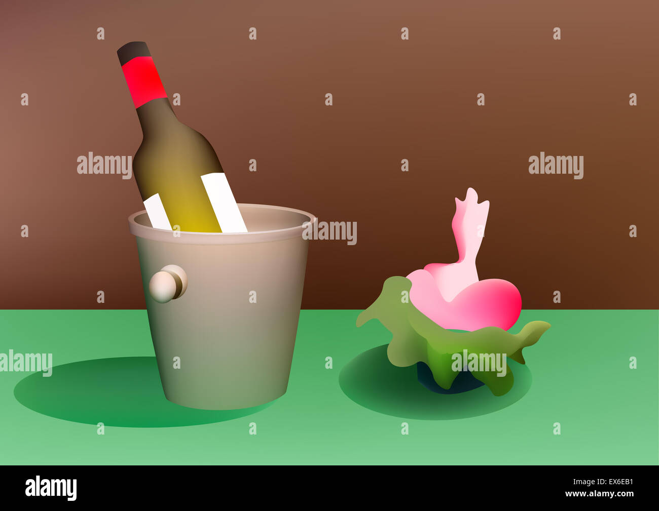 Illustration bottle of wine in ice bucket and flower Stock Photo