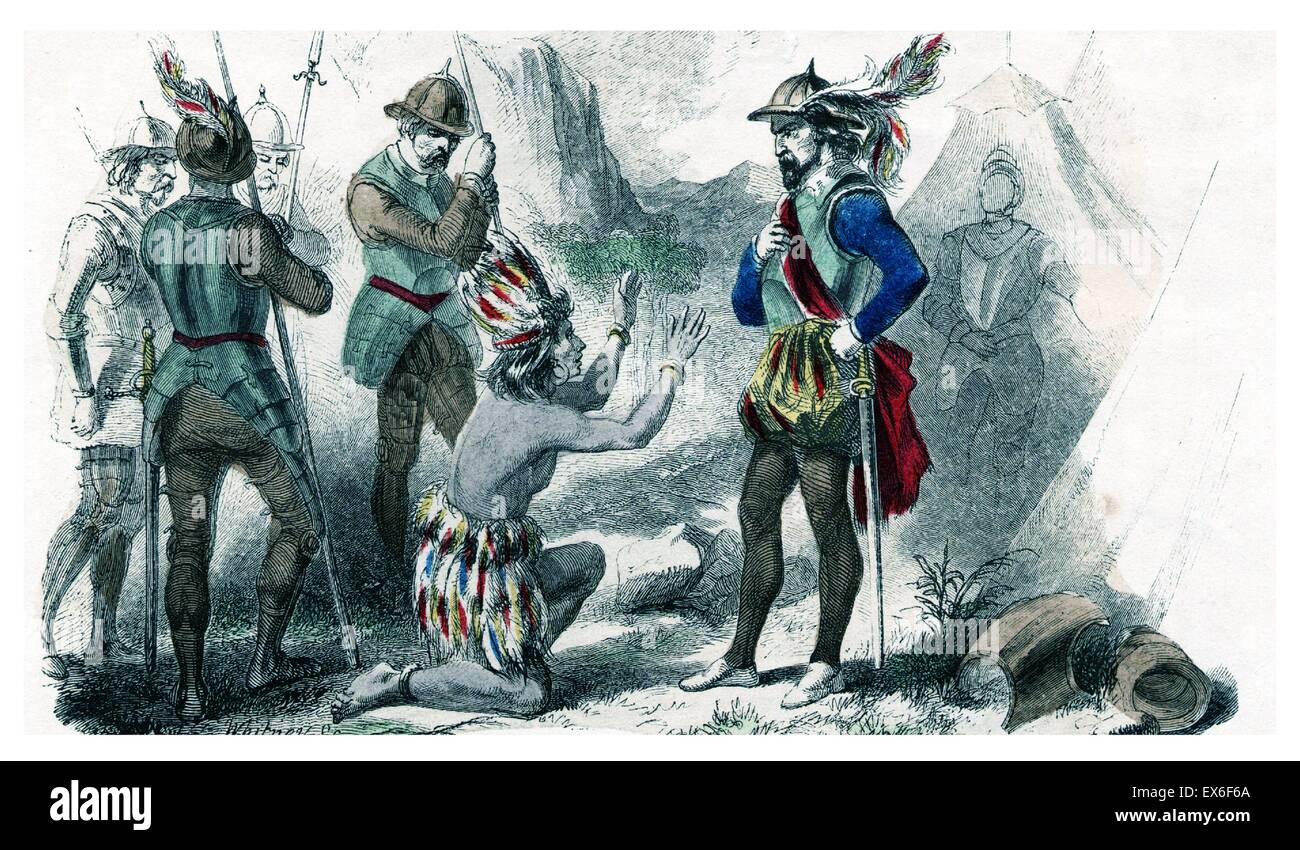 Atahualpa, (1497 - 1533) last Inca (sovereign emperor) before the Spanish conquest. Seen here kneeling before the Spanish Conquistador Pissarro, during the Spanish conquest, the Spaniard Francisco Pizarro captured Atahualpa and used him to control the Inc Stock Photo