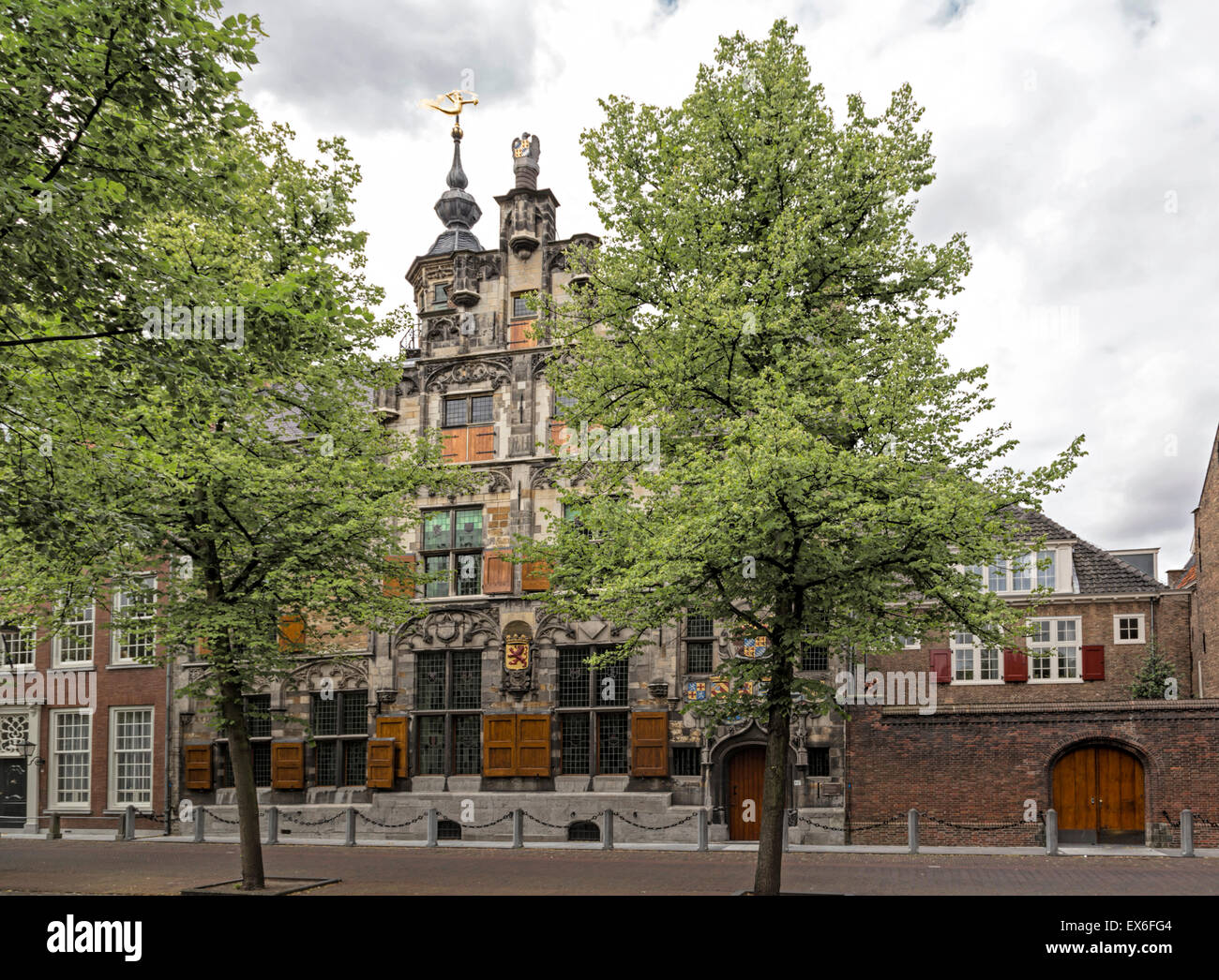 View on monumental home with numerous coats of arms, ''The Arms of Savoy'', Oude Delft, Delft, South Holland, The Netherlands. Stock Photo