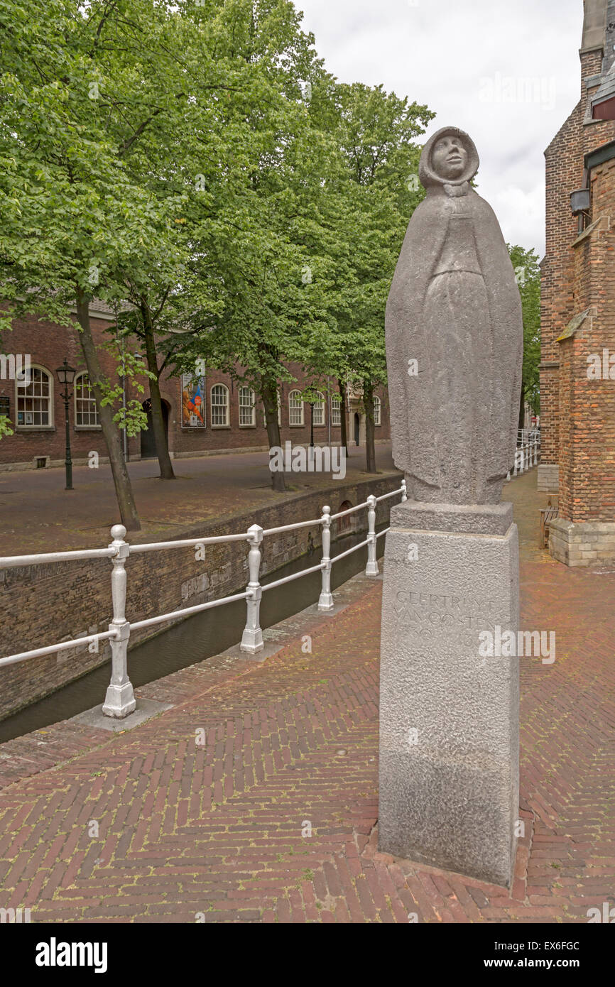 Statue of Saint Geertruyt van Oosten or Gertrude of Delft, outside the Old Church, in  Delft, South Holland, The Netherlands. Stock Photo