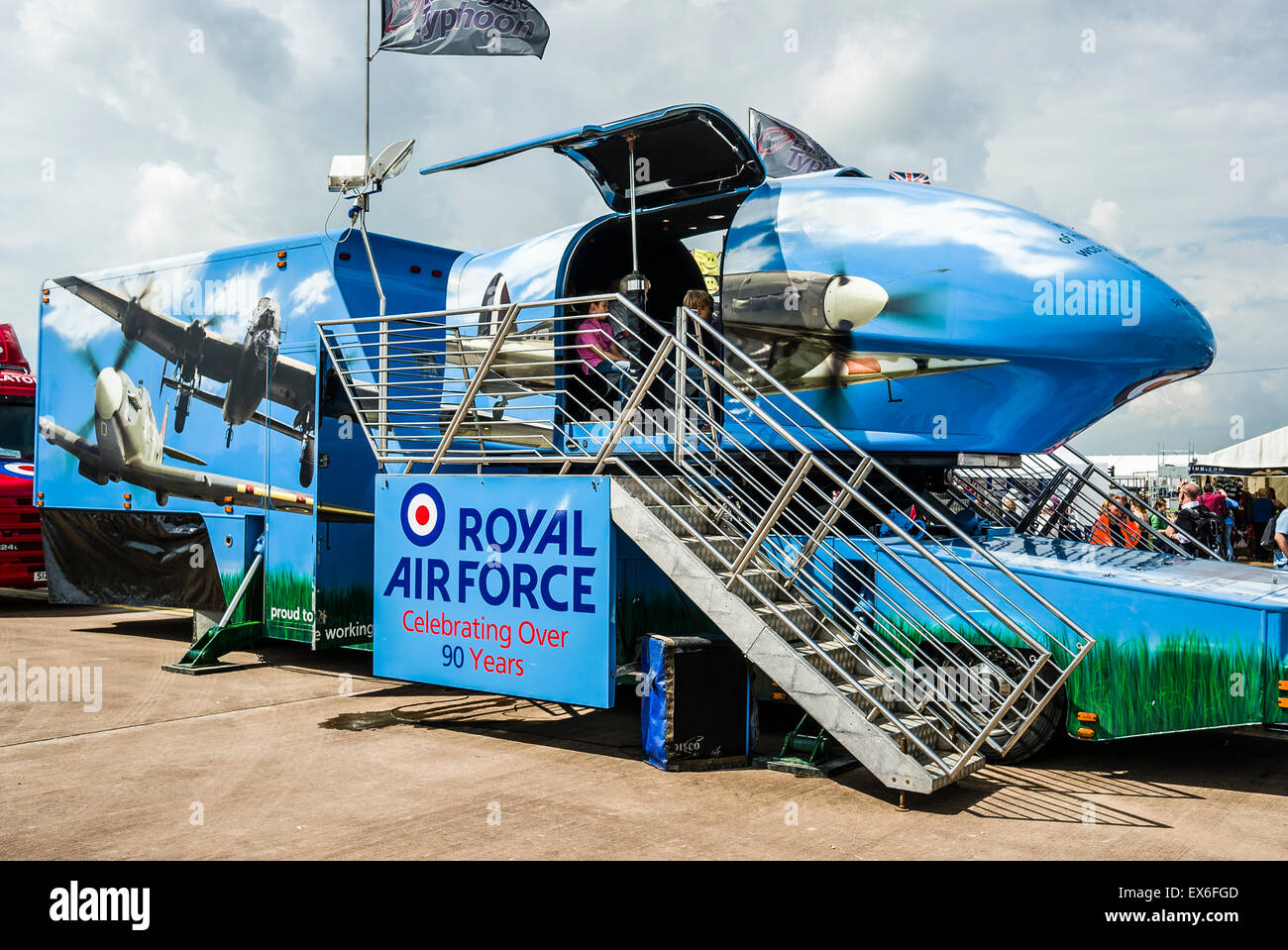 A transportable RAF flight simulator at a public airshow giving flight simulation experience to members of the public Stock Photo
