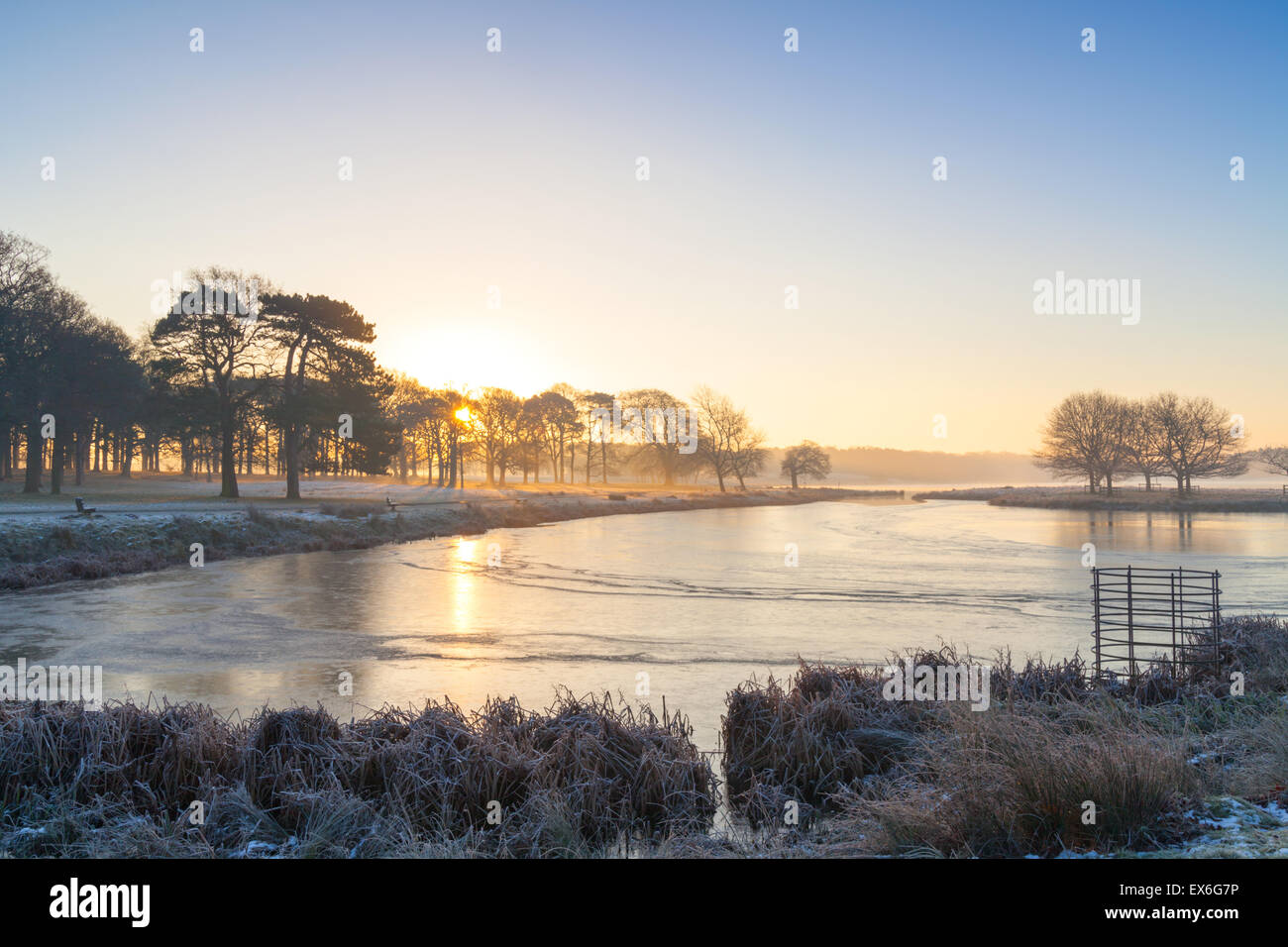 Sunrise over frozen mere Tatton Park, Knutsford, Cheshire Stock Photo