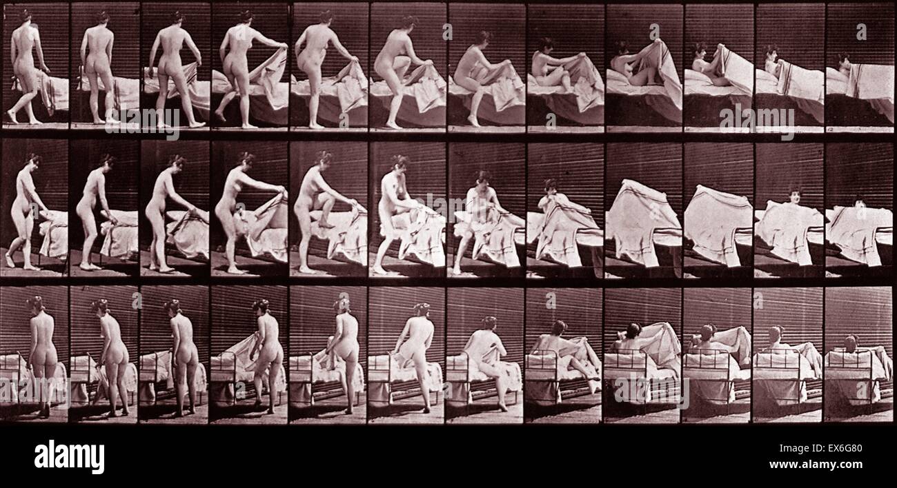 Eadward Muybridge. Woman getting into bed. Sequence of photographs to show incremental movement. 1887 Stock Photo