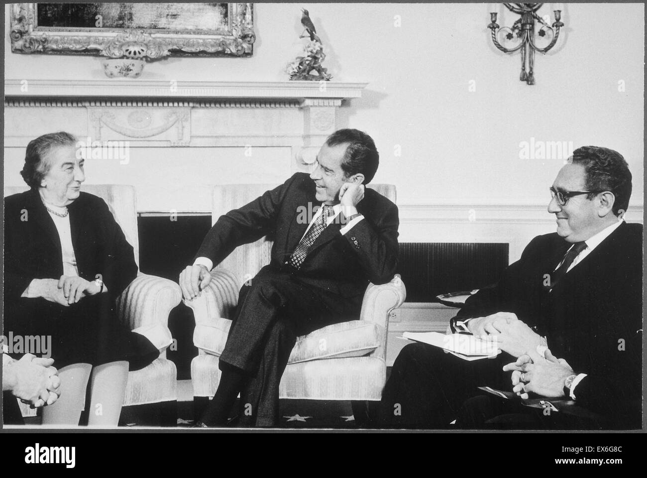 Israeli Prime Minister Golda Meir, President Nixon and Secretary of State Henry Kissinger in a 1973 Washington DC meeting Stock Photo