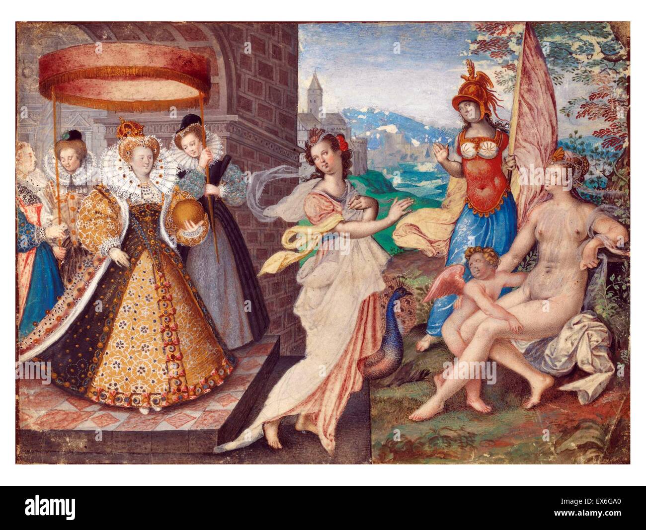 Queen Elizabeth I of England and the Three-Goddesses, by Isaac Oliver 1590 Stock Photo