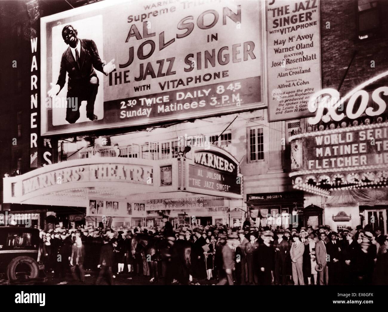 The Jazz Singer is a 1927 American musical film and the first motion picture with synchronized dialogue sequences. Directed by Alan Crosland and produced by Warner Bros. with its Vitaphone sound-on-disc system, the movie stars Al Jolson Stock Photo