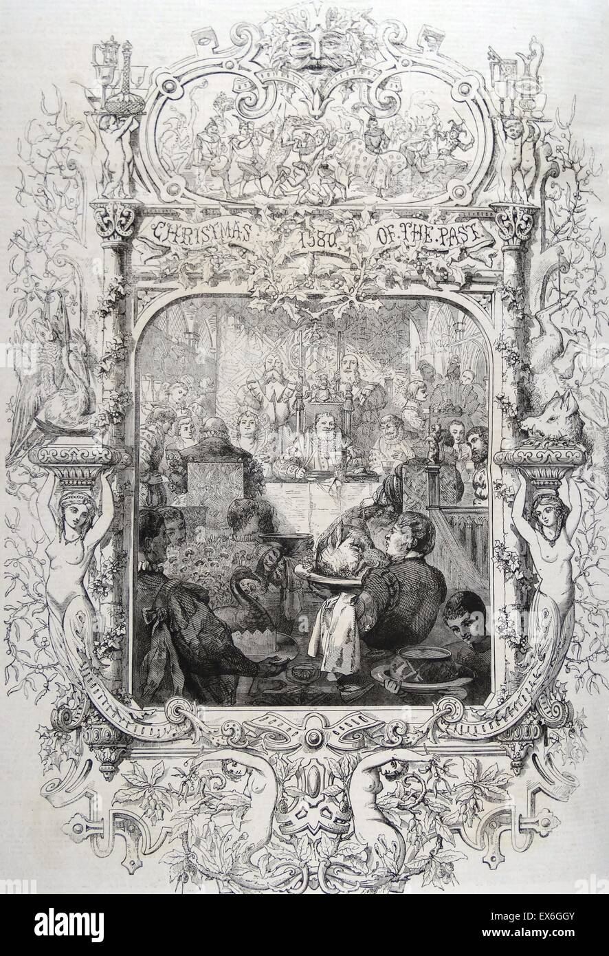 Engraving titled 'Christmas of the Past' depicting a Christmas Feast of a Royal Court. Dated 1580 Stock Photo