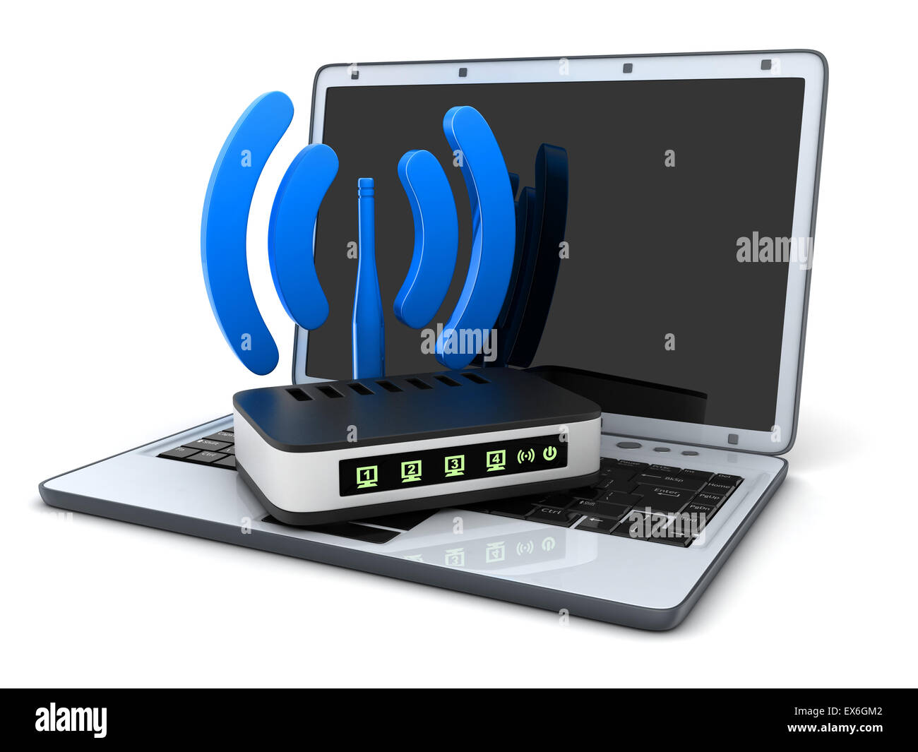 laptop and abstract Wi-fi on white background (done in 3d) Stock Photo