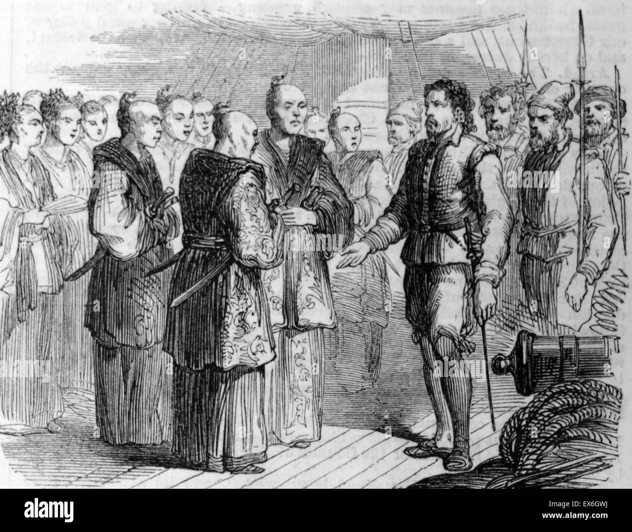 Engraving depicting the arrival of the first Englishman in Japan. Dated 1860 Stock Photo