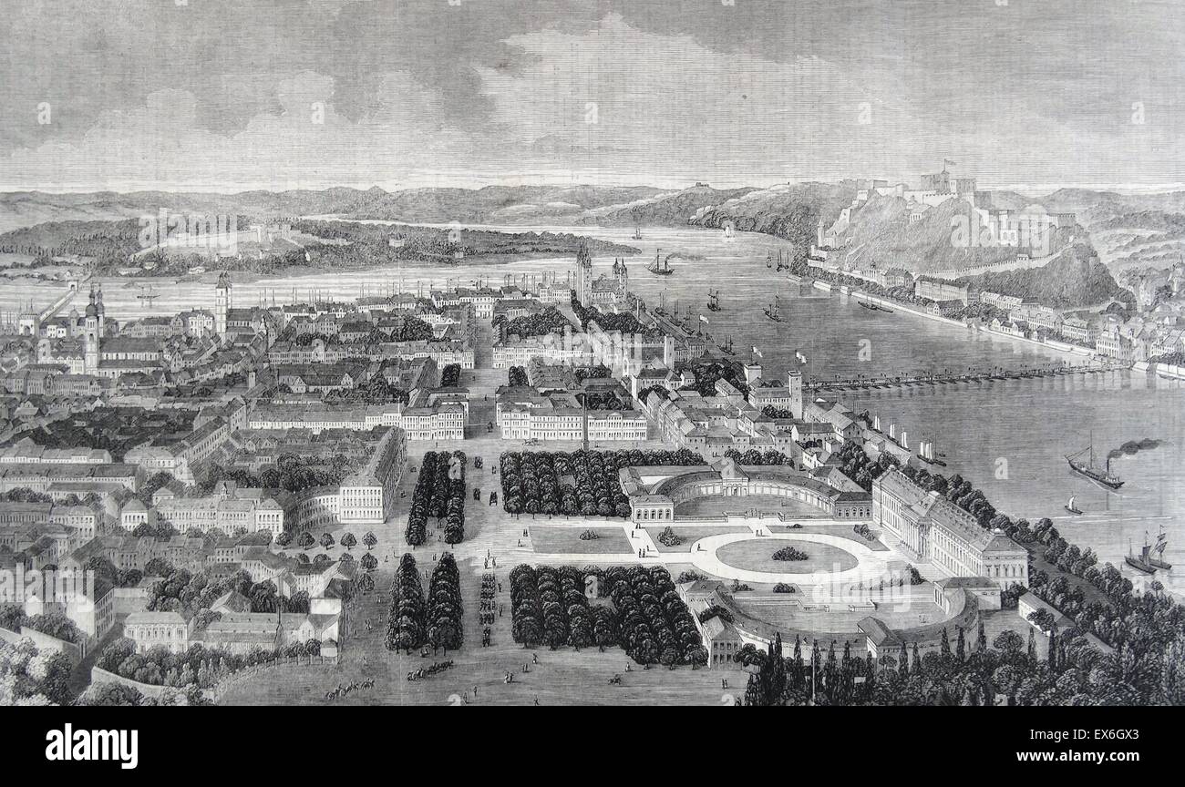 Engraving depicting a bird's-eye-view of the city of Koblenz, Germany. Dated 1860 Stock Photo