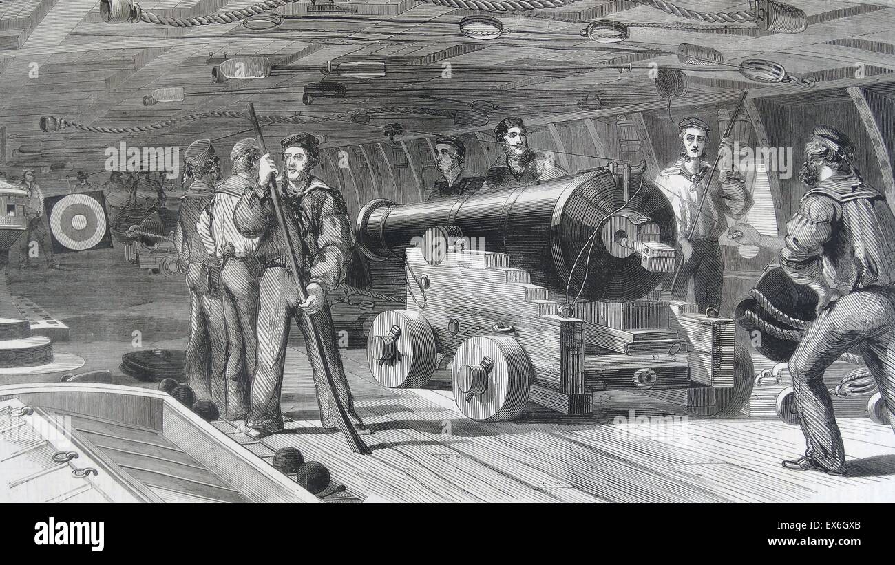 Engraving depicting gun practice on board H.M.S 'Brilliant'. Dated 1860 Stock Photo