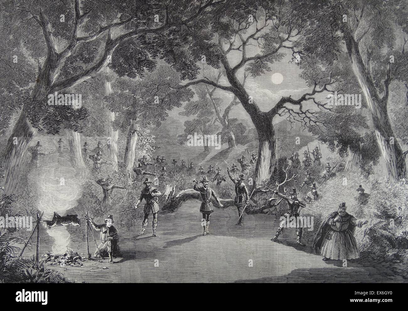 Engraving depicting a scene from the opera 'Robin Hood' at Her Majesty's Theatre. Dated 1860 Stock Photo