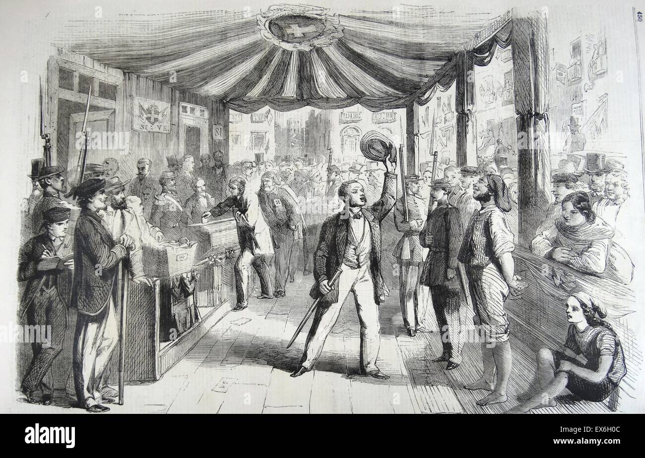 Engraving depicting the vote for Annexation at Naples-Polling Booth at Month Calvario. Dated 1860 Stock Photo