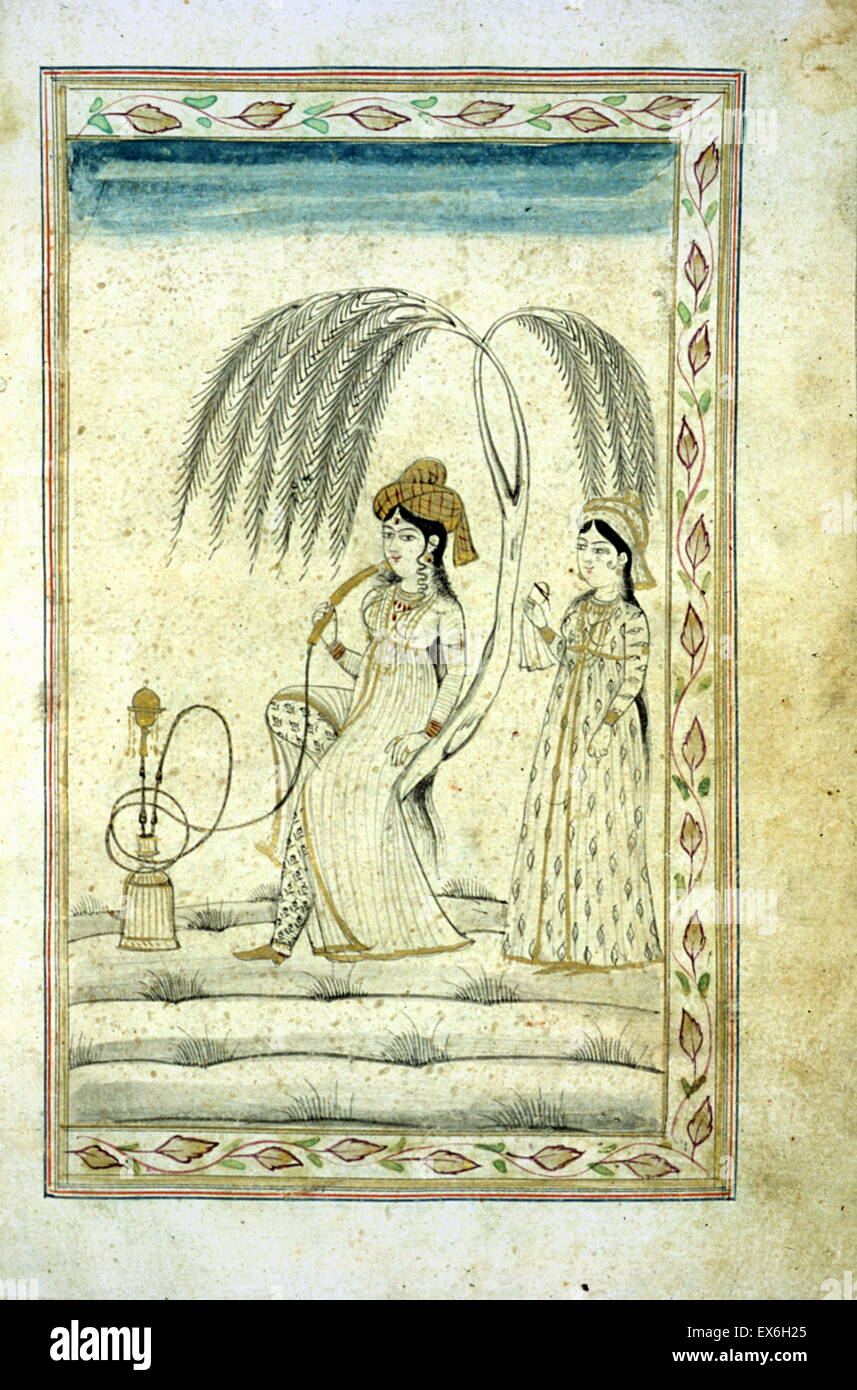 late Mughal style miniature drawing in black ink with gilt and tiny red accents. A woman sits on a tree while using a water-pipe and a female attendant stands behind. From an anonymous and untitled collection of Persian love poetry. The copy is undated, b Stock Photo