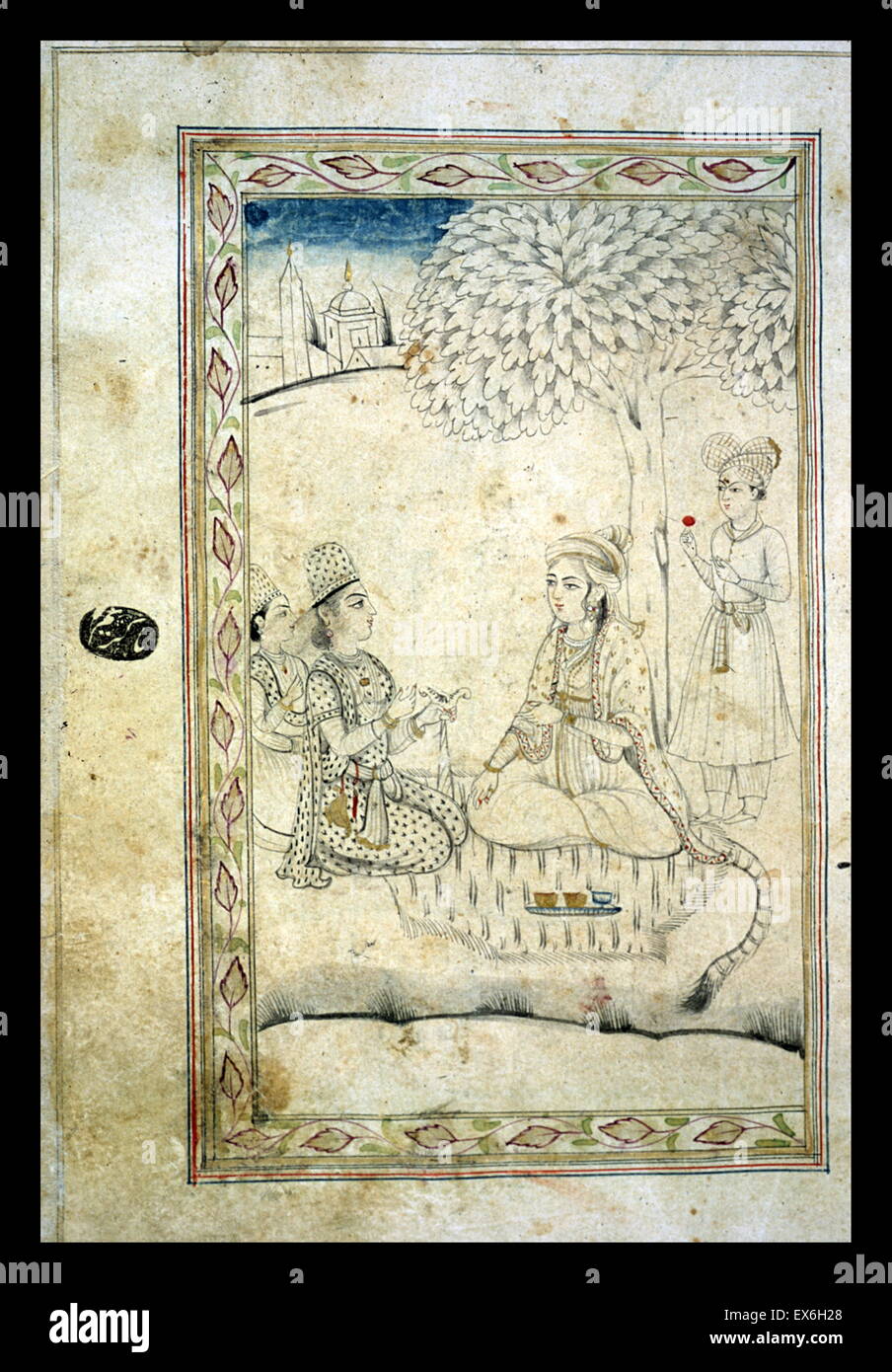 late Mughal style miniature A full-page miniature drawing in black ink with gilt and tiny blue and red accents. A turbaned figure sits cross-legged on a tiger skin under a tree, with an attendant behind and two courtiers kneeling in front. The silhouette Stock Photo