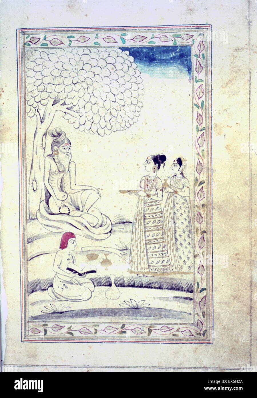 late Mughal style miniature A full-page miniature drawing in black ink with gilt and blue and red accents. An elderly ascetic or sage sits under a tree while two women approach bearing gifts and a male attendant in the foreground reads from a book. Stock Photo