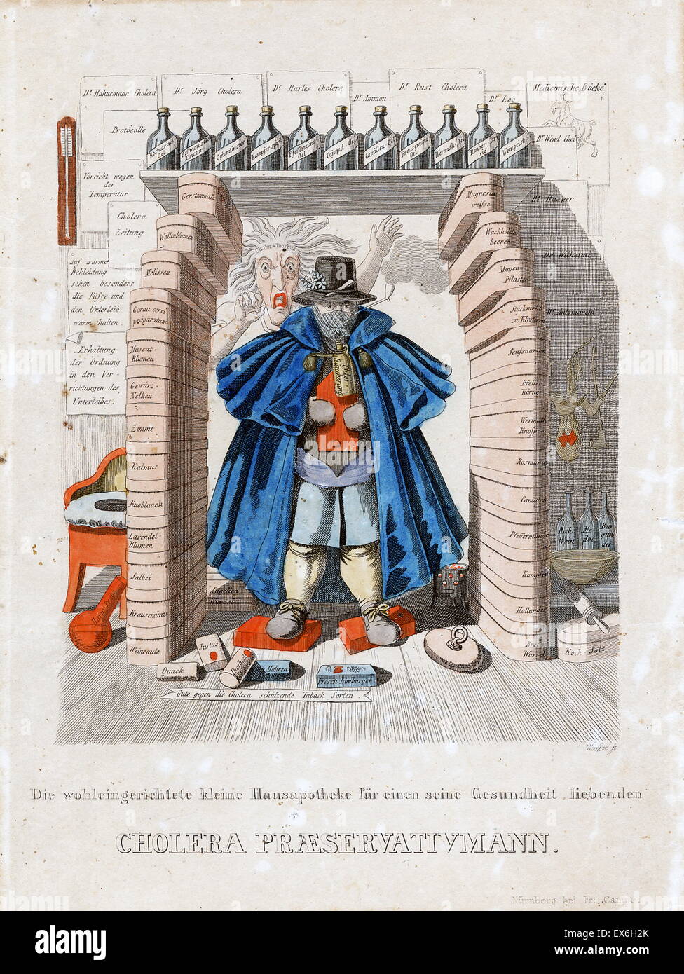 Ink and water colour etching of Cholera Prevention Man dressed in a large blue overcoat, a clay pipe in one hand and a mask over his face. He is standing in a doorway surrounded by boxes containing herbs. Behind him is the ghostly apparition of cholera. T Stock Photo