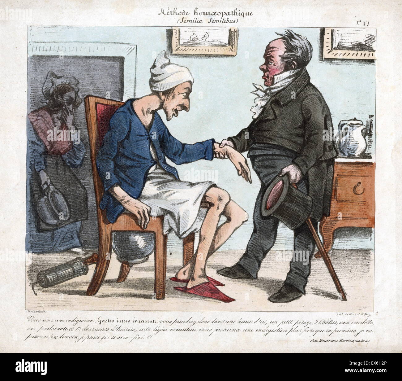 Samuel Hahnemann (1755-1843) who was a German physician and the founder of Homeopathy. Satiric print by Ch. Nanteuil entitled 'Méthode homœopathique (similia similibus)' Stock Photo